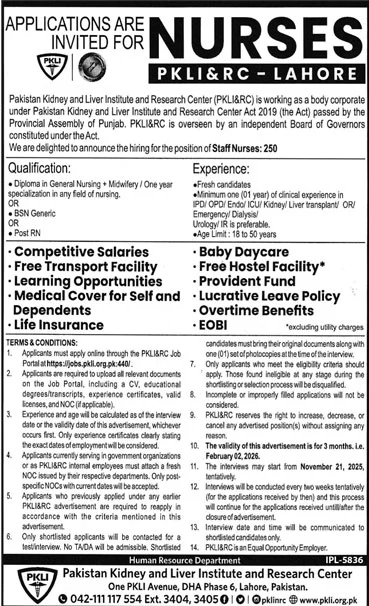 Jobs in Pakistan Kidney & Liver Institute & Research Center Lahore